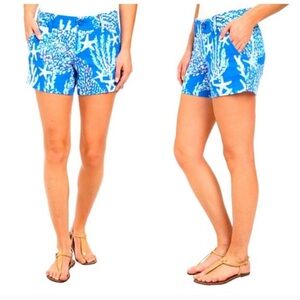 Lilly Pulitzer Coral Blue Brewster Good Reef shorts Callahan. 100% cotton.